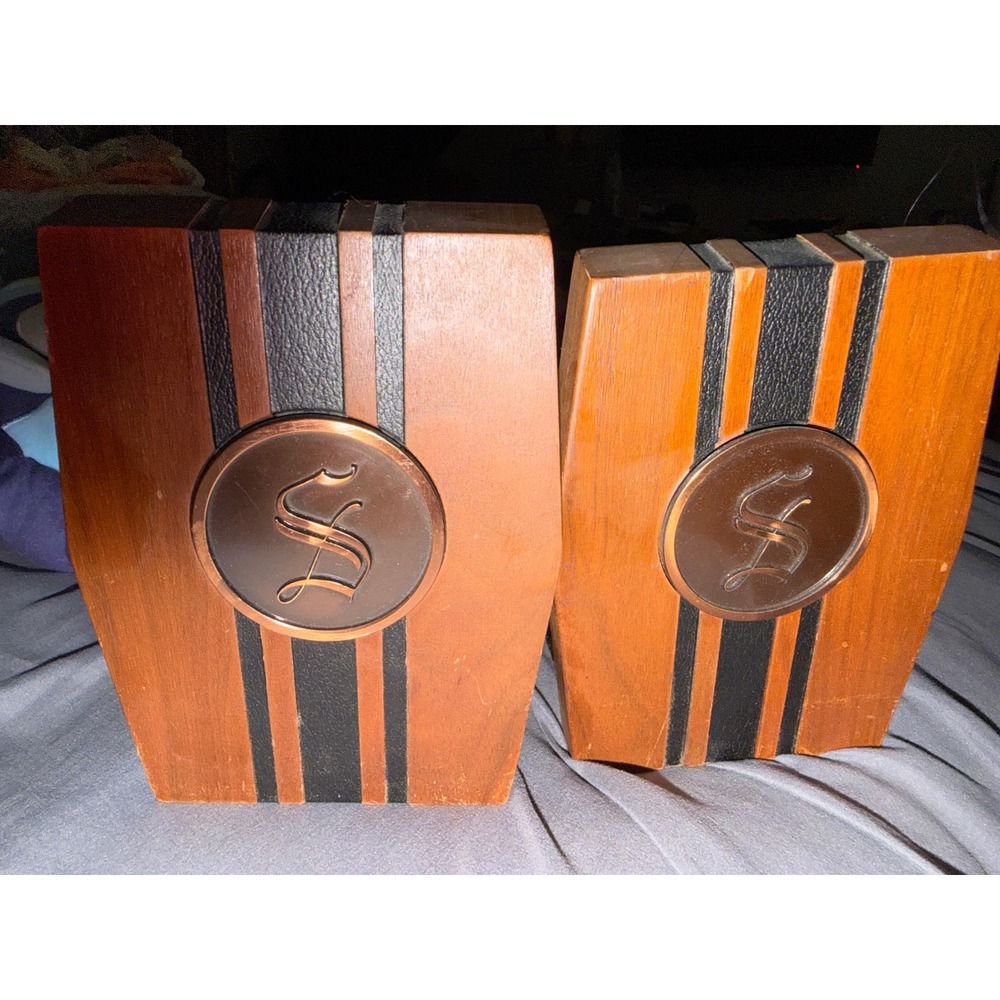 Vintage Hyde Park Walnut Bookends Mid Century Modern Black Stripe Medallion S